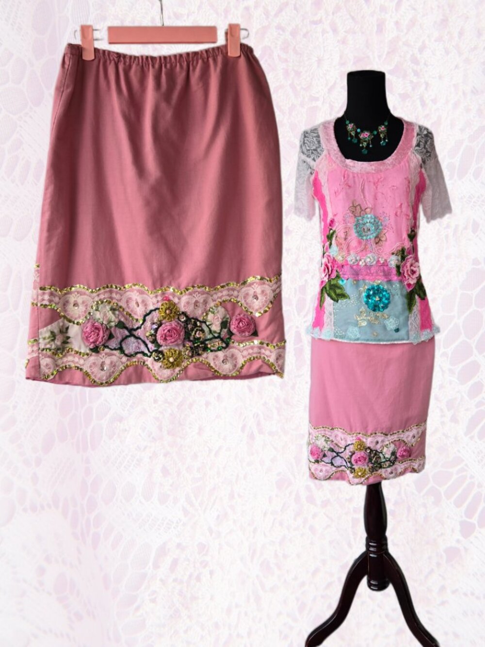 Handmade Pink Rose Embroidered Straight Skirt Fairycore Midi-Length Romantic XS